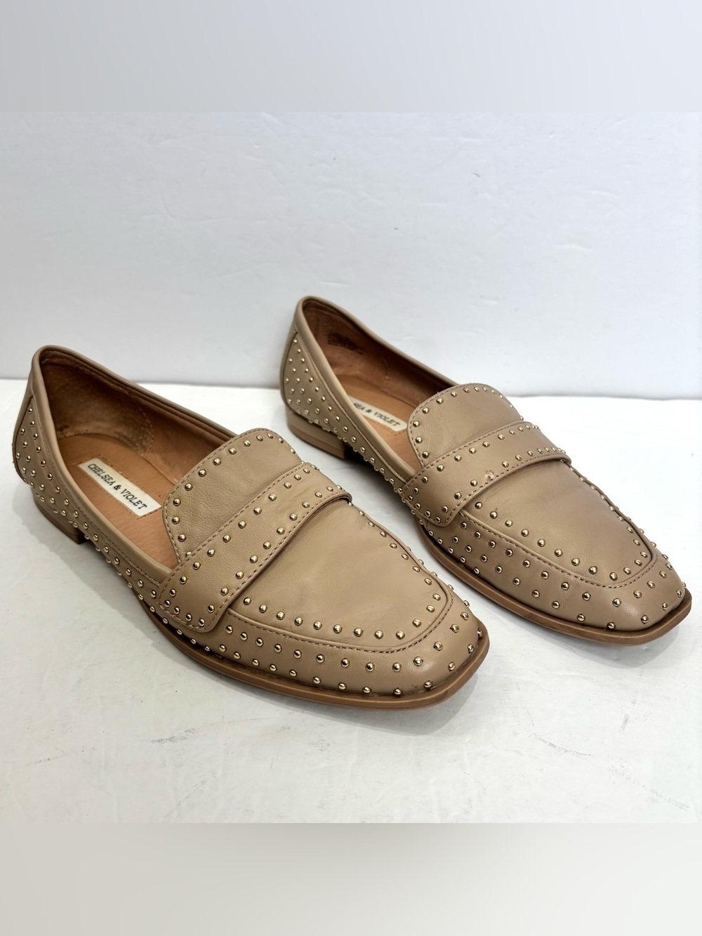 Chelsea & Violet Lisle Nude Tan Leather Studded Slip On Loafers Flats Workwear 8